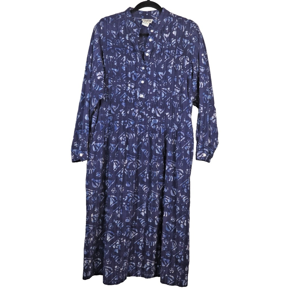 Matti Sport Vintage Indian Cotton Midi Dress 18 Pintuck Coastal Nautical Blue